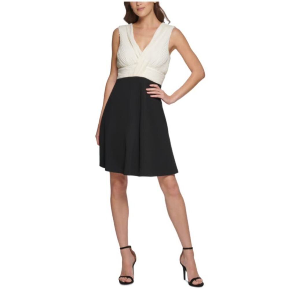 DKNY Black and White Cocktail Dress Sleeveless Pleated Fit and Flare Size 10